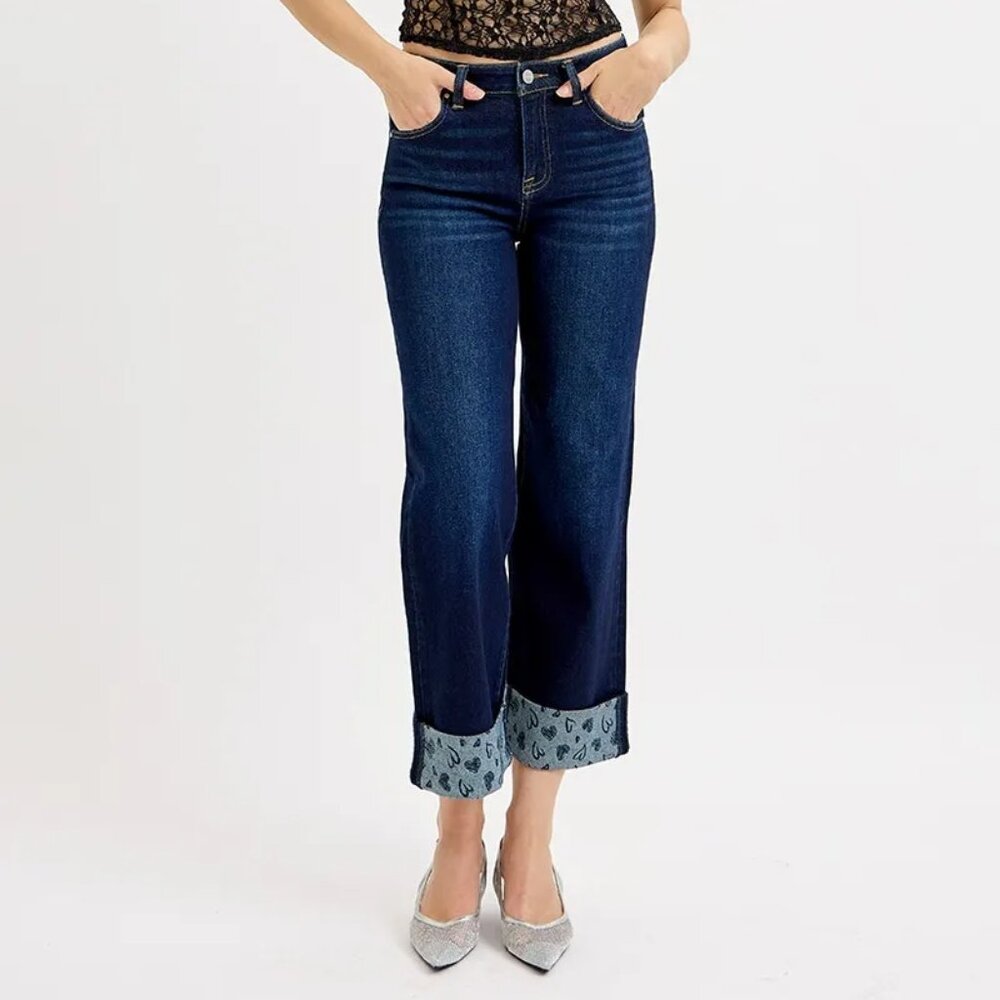 RISEN Full Size Mid Rise Fit Crop Wide With Printed Cuff Jeans Plus Size‎
